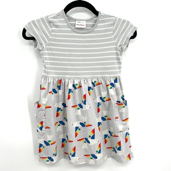 HANNA ANDERSSON Girls Gray White Rainbow Bird Stripe Print Dress Size 6 - 7 - Picture 1 of 7